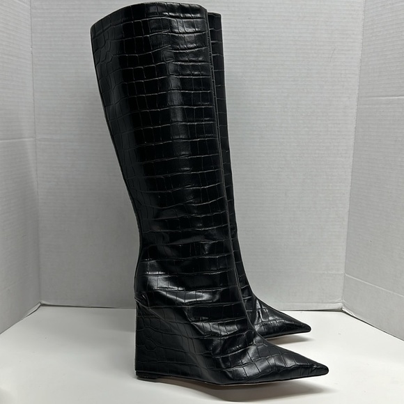 SCHUTZ  Asya Up Crocodile Embossed Leather Wedge High Heel Boot Boots Black 10 - Picture 6 of 10